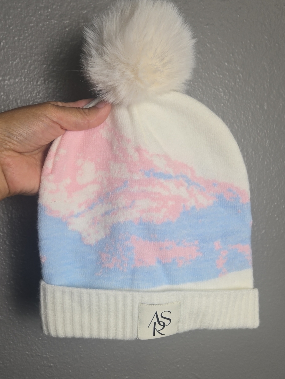 Altar'd State Cream Pink Blue Pom Pom Knit Beanie
